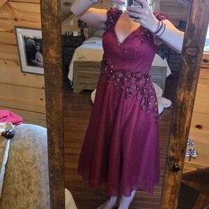 Bespoke Mac Duggal Burgandy Flower Emblished Texture Dress